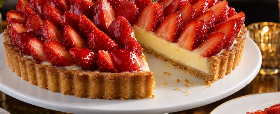 Torta de Morango Clássica: Massa Crocante, Creme de Baunilha e Frutas Frescas