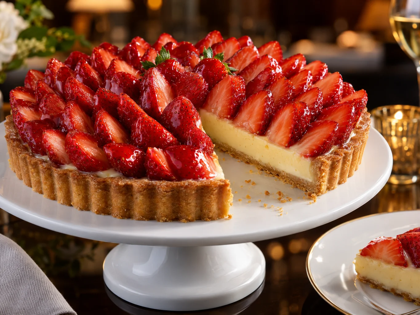 Torta de Morango Clássica: Massa Crocante, Creme de Baunilha e Frutas Frescas