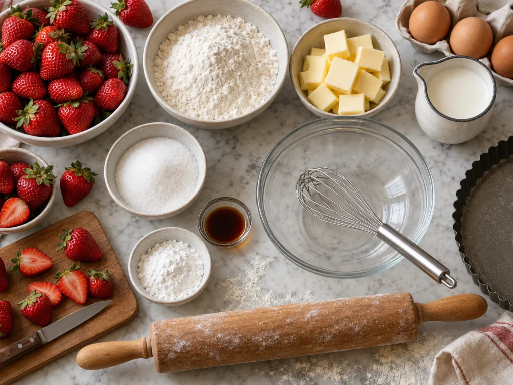 Torta de Morango Clássica: Massa Crocante, Creme de Baunilha e Frutas Frescas - Preparo dos Ingredientes